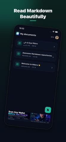 قائمة المستندات في تطبيق Mdora على iPhone، وفيها ثلاثة ملفات Markdown أحدها بعنوان عربي