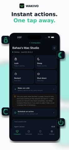 شاشة التحكم في تطبيق Wakivo، وفيها أزرار القفل والسكون وإعادة التشغيل والإيقاف مع تنبيه عن حدود Wake-on-LAN